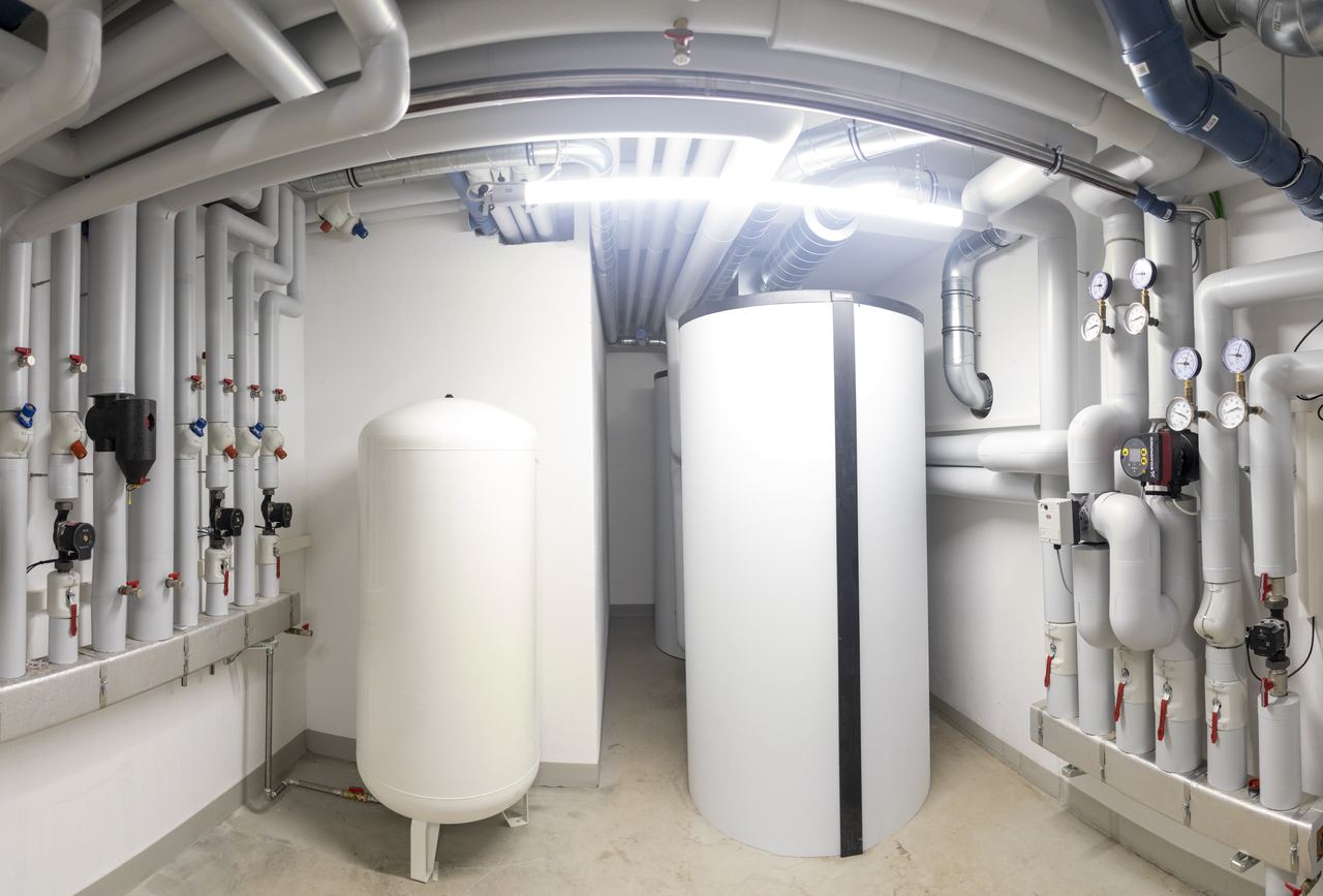 Moderne Heizungsanlage mit Speichern und Pumpengruppen